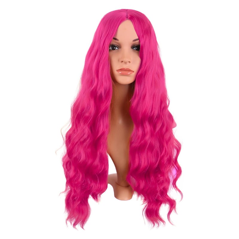 MapofBeauty 28 Inch/70 cm Long Wavy Middle Part with No Bangs Synthetic Fiber Curly Fashion Women Party Cosplay Wig (Hot Pink) - Image 1